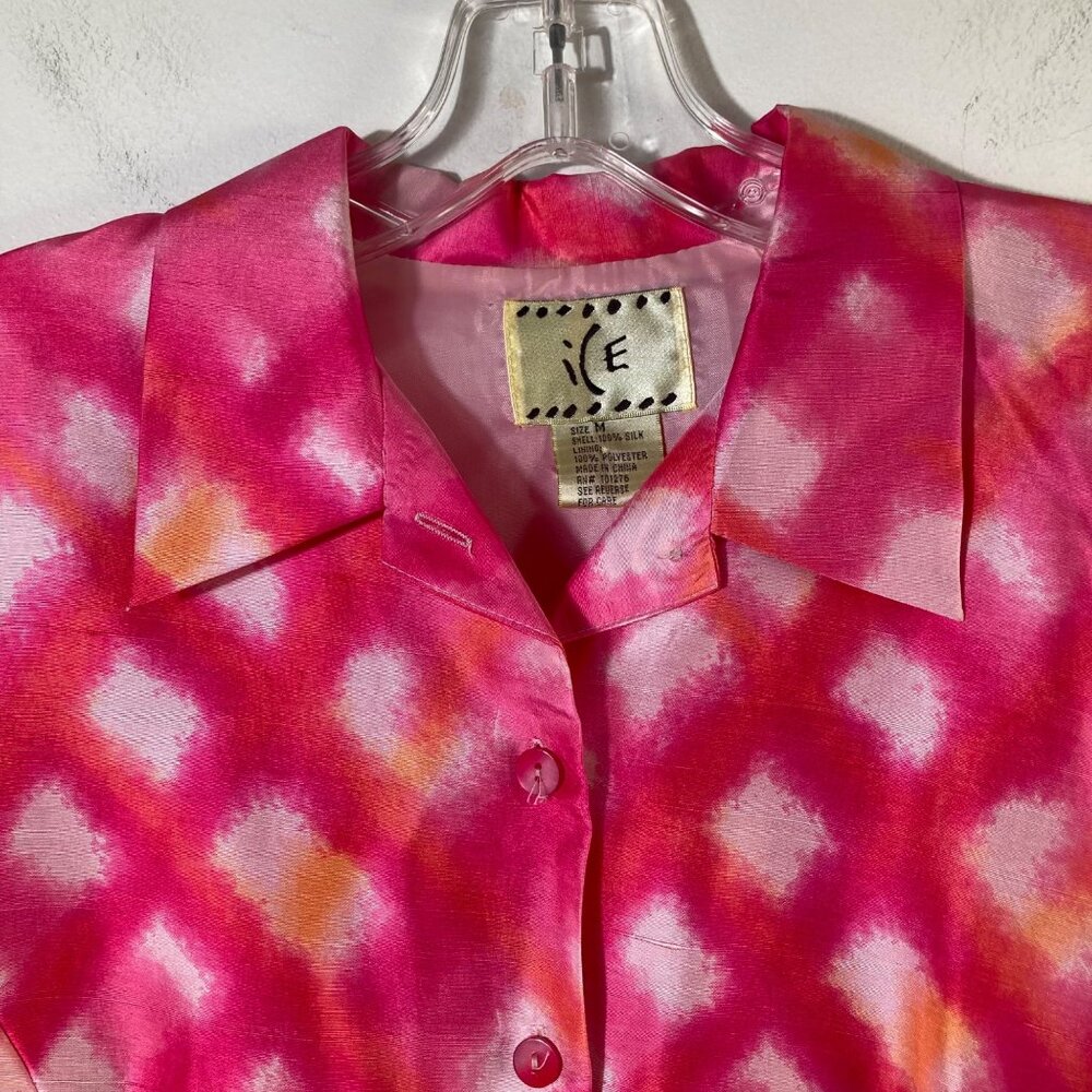 Womens Vintage ICE Silk Button Shirt Lined Pink White M Watercolor‎ Art - Picture 4 of 8